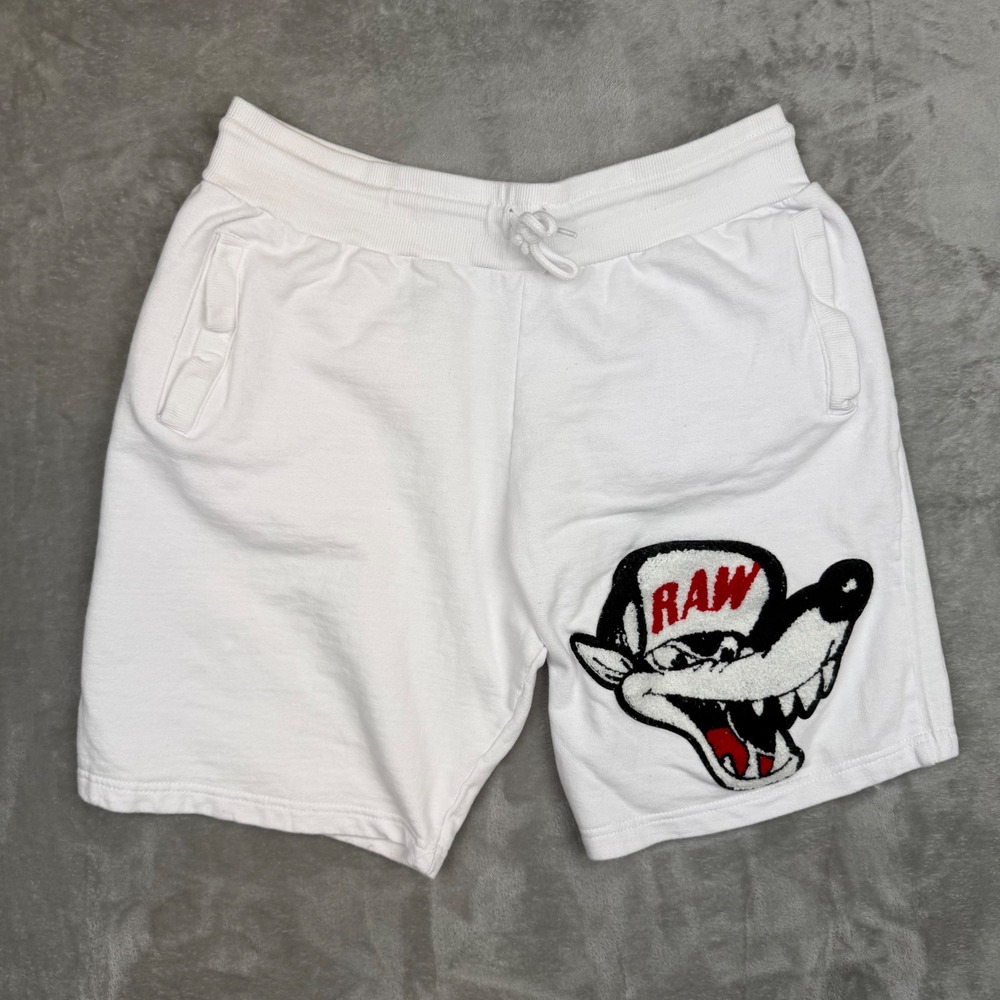 RAW Own The Now Mens XL White Fleece Wolf Graphic Streetwear Sweat Shorts